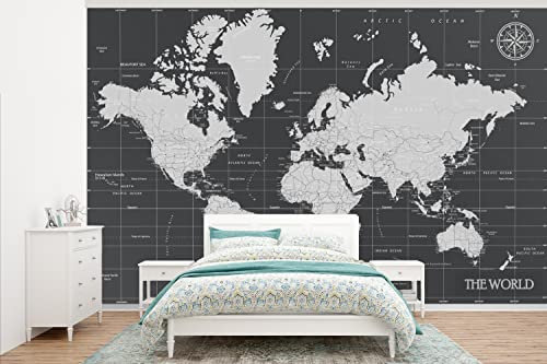 Selbstklebend Tapete Wandpapier Wandaufkleber Fototapete Tapeten Wanddeko 345x220 cm Weltkarte - Schwarz - Weiß - Welt
