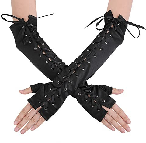 Yolev Damen Fingerlose Handschuhe Lange Schwarze Satin Handschuhe Ellbogen Krawatten Handschuhe Vintage Punk Handschuhe für Fasching Halloween Ball Party Verkleidung