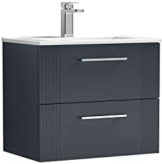 nuie DPF1493B Deco Modern Bathroom Wall Hung 2 Drawer Part Fluted Vanity Basin Unit with Minimalist Ceramic Basin, 600mm, Soft Black