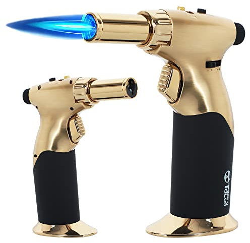 Torcia a butano, grande torcia da cucina a doppia fiamma, con blocco di sicurezza, regolabile, ricaricabile, multiuso, per creme brûlée, cottura al forno, barbecue (gas butano non incluso)