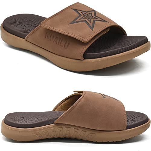 KuaiLu Mens Orthotic Slides Soft Cushion Sport Sandals with Plantar Fasciitis Arch Support Adjustable Open Toe Summer Slippers Slip on Indoor Outdoor Khaki Brown Size 11