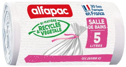 ALFAPAC – 30 bolsas de basura de 5 L – cuarto de baño – fabricado en Francia – bi-material reciclado y vegetal