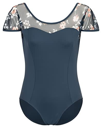 tanzmuster Ballett Trikot Damen Kurzarm - Marleen - BH-Pad-Einschub - geblümte Netzeinsätze - dunkelblau 36 - blauer Tanz Body - Ballettkleidung für Erwachsene