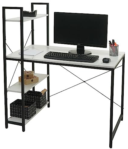Schreibtisch mit Regal HWC-K81, Laptoptisch Bürotisch Arbeitstisch, 100x60cm Metall MDF - Marmor-Optik weiß