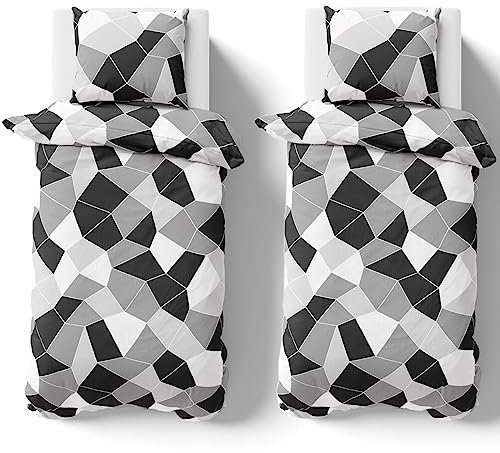 Visaggio Bettwäsche Set 155x220cm Bettbezug 4 teilig Garnitur Premium YKK Reißverschluss Mosaik Muster Schwarz Grau Weiß