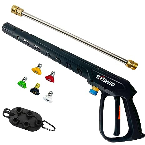 BESHED Durable Pressure Washer Gun Kit, Power Washer Gun with Replacement Extension Wand, M22 Fitting, 5 Spray Nozzle Tips, 37 Inch, 3000 PSI