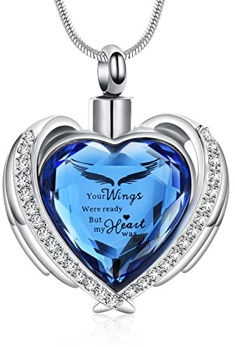 VCCWYQK Urnen-Halskette mit Kristallherz für Asche, Urnen-Halskette, Andenken für Urne als Gedenkschmuck (G-Blue-Wings)