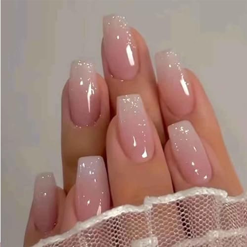 Irikdescia Lot de 24 ongles à presser avec de la colle à gelée, pointe française, cristal dégradé de couleur, longue pression, pour femmes (rose)