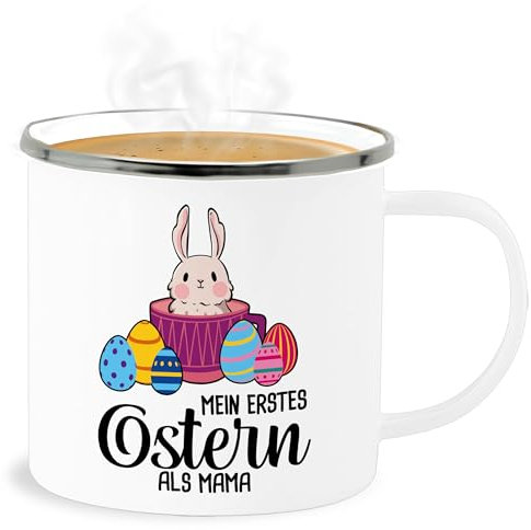 Emaille Becher Blechbecher - Ostergeschenke - Mein erstes Ostern als Mama - Hase in Tasse - 300 ml - Weiß Silber - oster ostermotiv osterhase osterüberraschungen osterkleinigkeiten ostersachen