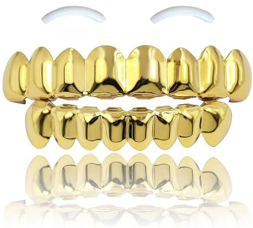 SSyang 18K Hip Hop Teeth Grills für den Mund, Zahnspange Dekoration, mit 2 Silikonformleisten, Hip Hop Teeth Grills für Mouth Top Bottom, für Musikfestivalpartys, Hip-Hop-Rapper, Dekorationen(Gold)