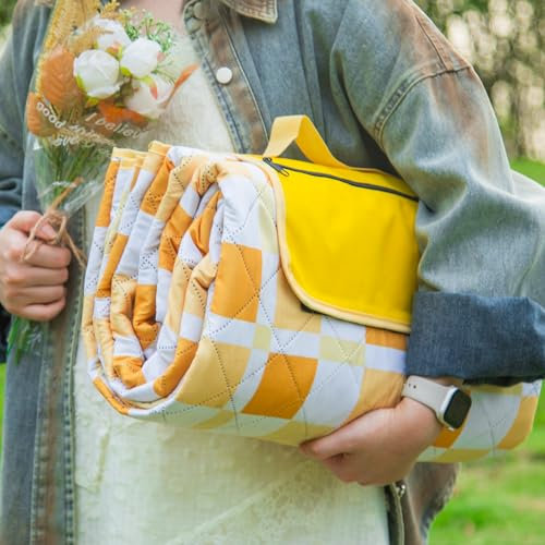 OESSUF Picknickdecke wasserdicht 200x200, extra große Picknickdecke XXL Stranddecke sandfrei tragbar maschinenwaschbar lagerbar faltbar für Camping und Wandern Gelb