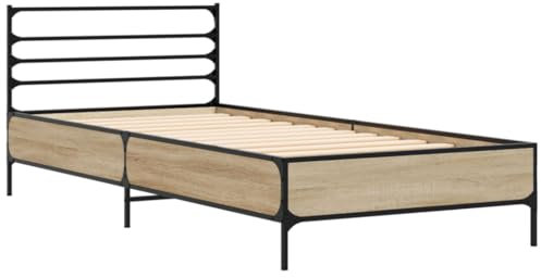 vidaXL Bettgestell, Einzelbett Bett mit Kopfteil, Bettrahmen mit Lattenrost, Schlafzimmerbett, Sonoma-Eiche 90x200cm Holzwerkstoff Metall