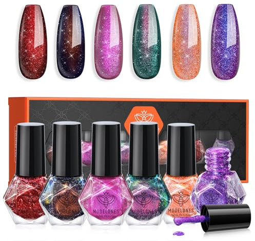 Modelones Nail Polish Set - 6 Colors Christmas Red Black Glitter Quick Dry Varnish Purple Green Manicure DIY Art Salon Home For Women