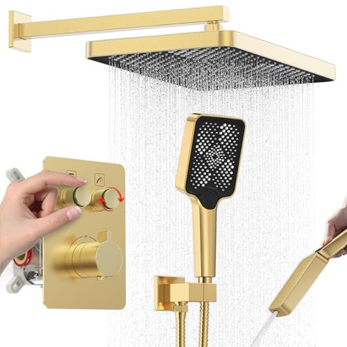 Iriber Thermostat-Duschsystem, Wandhalterung mit verstellbarem Wasserdurchfluss, Druckknopf-Umsteller, 33 cm, goldfarben, rechteckig, Regenduschkopf und Handbrause, gebürstetes Gold
