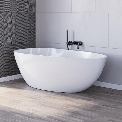Dolvhin® Badewanne freistehend aus Mineralguss Bora | Freistehende Standbadewanne mit Überlauf | Freistehende Wanne inkl. Syphon & Click-Clack Ablaufgarnitur | Weiß glänzend 185 x 85 x 58 cm