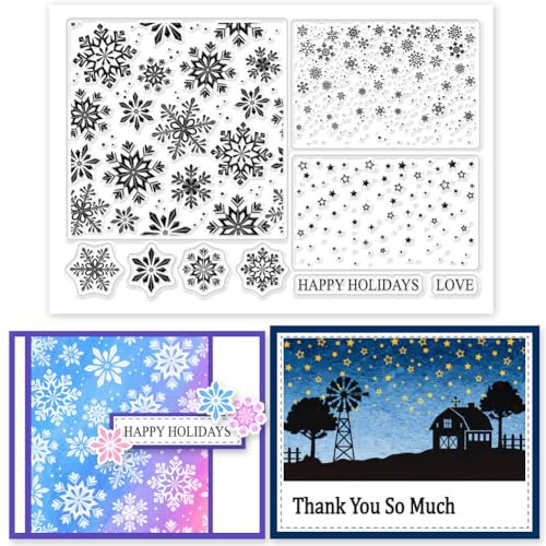 GLOBLELAND Winter Weihnachtsstempel Silikonstempel Schneeflocken Hintergrund Transparente Stempel Sternen Hintergrund Klare Stamps Für Karten Herstellung DIY Scrapbooking Basteln