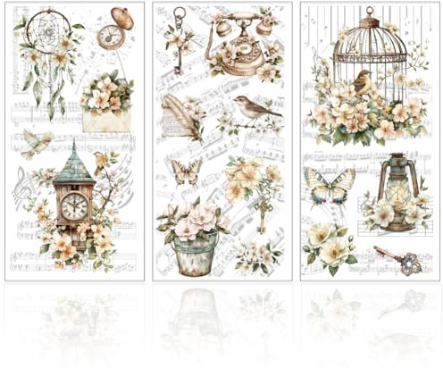 GLOBLELAND 3 Stück Vintage Blumen Transfer 6x12 Zoll Musiknoten Blumen Zum Aufreiben Schmetterlings Taschenuhr Selbstklebende Wandkunst Aufkleber Für Schlafzimmer Wohnzimmer Schreibtisch
