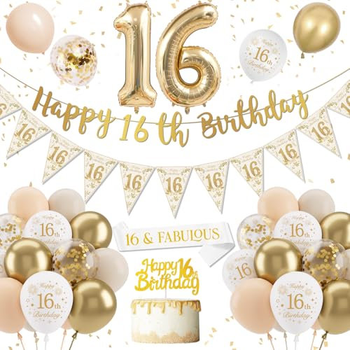 Gold & White 16th Birthday Decorations - Banner, Balloons, Cake Topper & Confetti for Girls' Sweet 16 Party