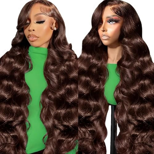 Alionly Human Hair Wig, Echthaar PerüCke Chocolate Brown Body Wave 13x6 HD Lace Front Wig Human Hair, #4 Brun Clair 180 Dichte PerüCke Damen Mit Babyhaar 20 Zoll (50 cm)