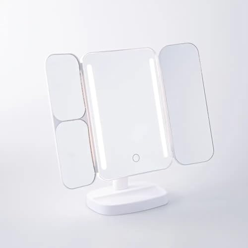 Upper Canada Danielle Creations White Tri Fold Adjustable Tilt LED Mirror with True Image View with 3x and 5x Magifications and Accessory Tray Base for Storage Uses