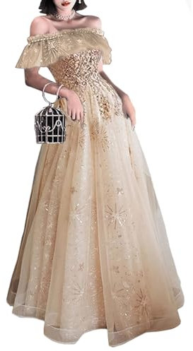Monkidoll A-Line Elegant Prom Formal Evening Dress Off Shoulder Short Sleeve Floor Length, Champagne B, 20