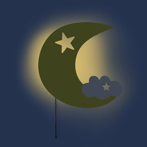 Brandsseller LED Nachtlicht aus Holz 31x31 cm Wandlampe Nachtlampe Schlummerlicht mit Zugschnur Warmweisses Licht Batteriebetrieben Halbmond Gelb