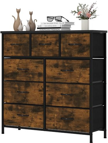 YITAHOME Kommode,Kommode mit 9 Schubladen,Schrank,Stoffschubladen mit Griffen,Kommodenschrank mit Stabiler Stahlrahmen,Dauerhaft,Rustikal Braun