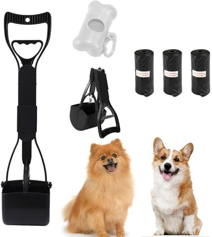 S.F.Pachira Pet Pooper Scooper Set, 23.6 inch Foldable Dog Poop Scooper with Poop Bag Dispenser & Waste Bags, Long Handle Portable Pet Waste Picker for Indoor Outdoor Use (Black)