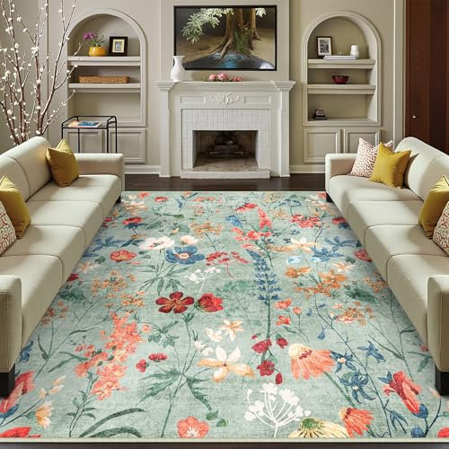 Grün Waschbarer Teppich Blumenmuster 240x300cm Blumen Boho Neutral Modern Rugs for Living Room Weich rutschfest Groß Tepich Kurzflor Schlafzimmer Carpet Esszimmer Bedroom Teppiche Büro