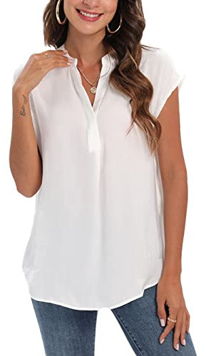 Famulily Ladies Cap Sleeve Pleated Shirts Women's V Neck Casual Work Blouse Shirt Tops (L, White)
