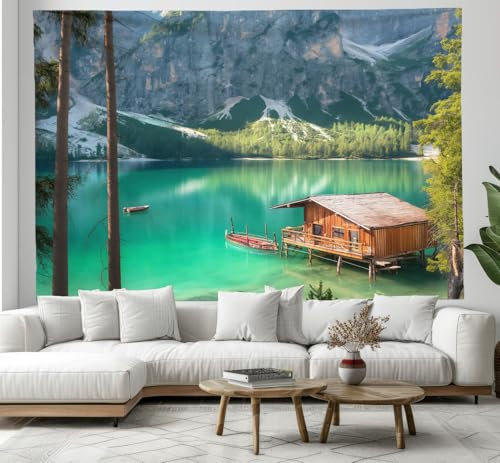 CEDNXOER Tapisserie Wandbehang, 100x150 cm Wandteppich Natur See Muster Wandvorhang Motiv Berge Holzhäuser Wanddeko für Schlafzimmer Wohnzimmer Wohnheim