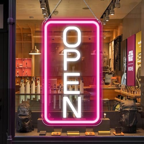 16x 9 Einstellbares Helligkeit Open Schild für Geschäfte, Rosa Weiß Ultra Helles LED Schild Open USB-betrieben mit EIN/AUS, Elektrisches Neon Sign für Geschäfte, Restaurants, Läden Vertikal