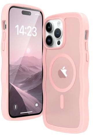 LLZ.COQUE for iPhone 14 Pro Max Magnetic Case, Compatible with Magsafe Curly Wavy Frame Translucent Matte Clear Back Cover, Shockproof Anti-scratch Bumper Phone Case for Women Men, Pink