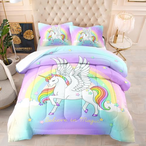 Bettdecke Regenbogengelbes Einhorn Tagesdecke Weich Waschbar Bettdecke und Kissen Set Duvet Ganzjahresdecke Bettdecke Ohne Bezug Bett Decke Komfort Atmung Steppdecke 172x218 cm