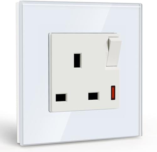 BSEED Single Socket 13A with LED Indicator, Single Switched Wall Socket 1 Gang UK Standard, Electric Switched Plug Power Wall Outlet with Glass Panel, White