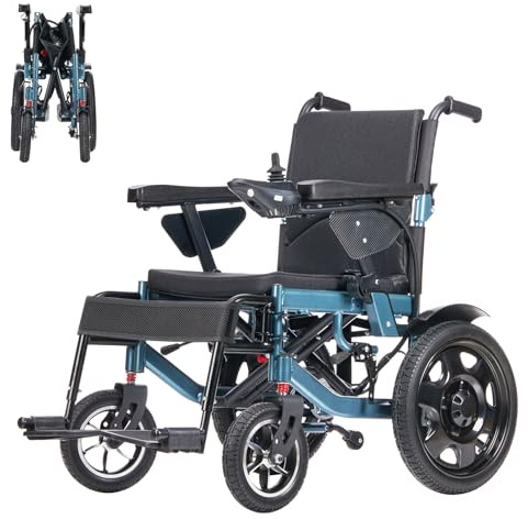 Electric Wheelchair for Adults, Portable(33Kg Without Battery), Easy to fold, Multi-Terrain motorised Chair for The Elderly, 500W Drive Power, 12Ah Lithium Battery, 15Km Range(Grey-Blue)