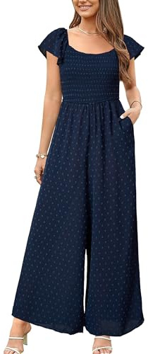 VOTEPRETTY Jumpsuits for Women UK Short Sleeve Square Neck Smocked Wide Leg Dungarees One Piece Outfit with Pockets Solid Navy,M