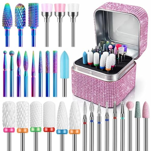 30 Nail Drill Bits with Bling Storage Box, Professional for Cuticle Remover | 3/32'' Ceramic Diamond Carbide-in-1 for Salon Nail Tech, Long Lifespan, Multi-Function for Acrylic Nail Gel Manicure Pedicure