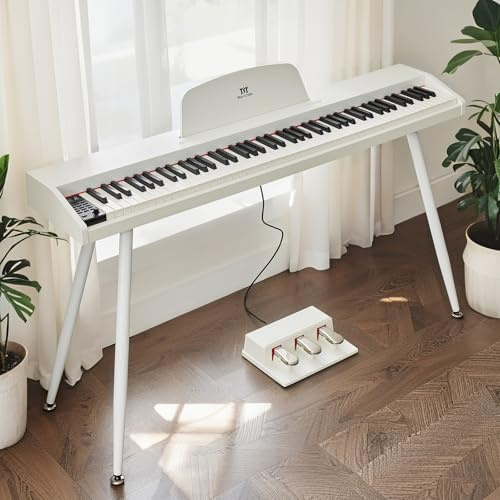 MUSTAR Digital Piano 88 Weighted Keys for Beginners, Full-Size 88 Key Piano Keyboard Semi Weighted, Electric Piano Keyboard 88 Keys with Triple Pedal, Wireless Connection, USB MIDI (White)