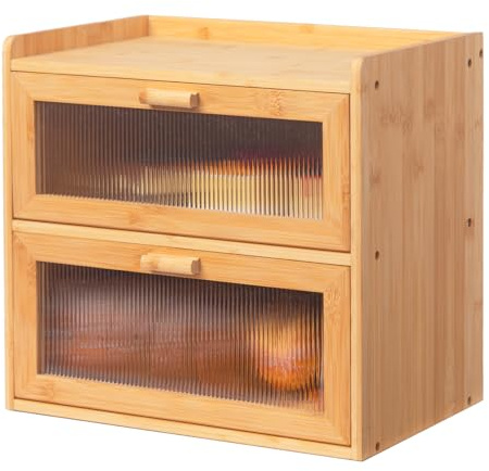 HollyHOME 2-Layer Bamboo Bread Bin with Acrylic Striped Window | Countertop Double Decker Large Capacity Bread Storage Box for Kitchen,Rectangle 2 layer