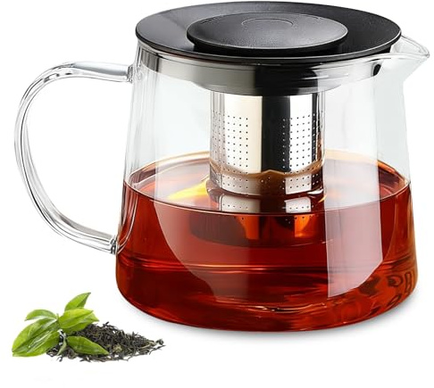 Teekanne Glas 1500ML, Glaskanne Mit Sieb, Teekanne aus Glas, Borosilikatglas Mit Abnehmbarer Infuser, Spülmaschinenfest Ideal Für Tee, Kaffee, Früchtetee und Kräutertee(Schwarz)