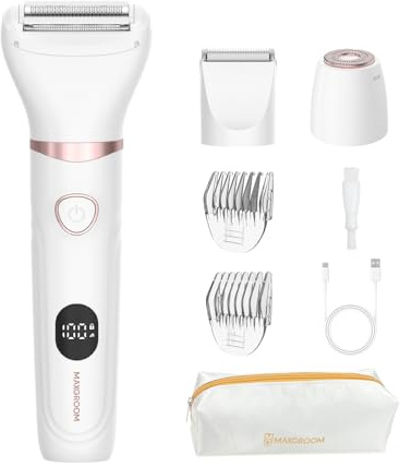 MAXGROOM Rasoir Electrique Femme, 3 en 1 Tondeuse Intime Femme Humide/Sec, Rasoir Électrique avec Affichage LED, Lame Céramique & 4 Peines, Épilateur Électrique pour Visage, Maillot, Aisselles, Jambes