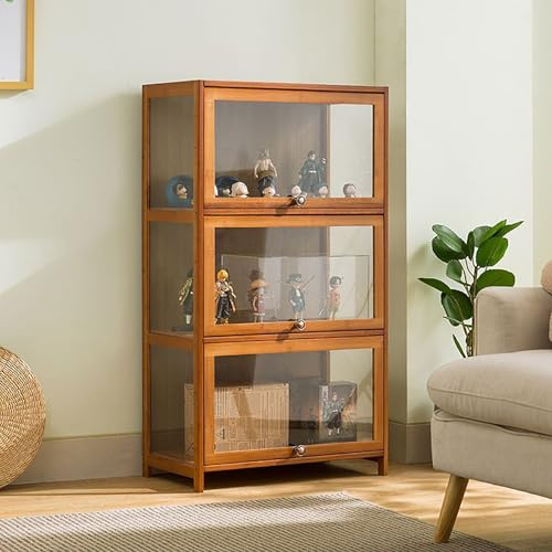 Vitrine mit Acryltüren, Bambus-Aufbewahrungsschrank, 2 Etagen, Curio-Vitrine, Bücherregal, schwarzes Glasregal, 70 cm Aufbewahrungsregale, Spielzeug-Vitrine für Figuren