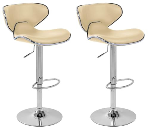 Lamboro Carcaso Kitchen Bar Stools Set of 2 | Height Adjustable, Gas Lift Swivel, Padded Faux Leather Seat with Round Chrome Base, Cream