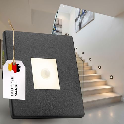 LED Treppenbeleuchtung mit Bewegungsmelder 230V - 2,2W – 3000K eckig / rund Stufenlicht Warmweiß – Wandeinbauleuchte Innen mit Sensor, weiß, schwarz, Edelstahl-Optik (Schwarz, eckig mit sensor)