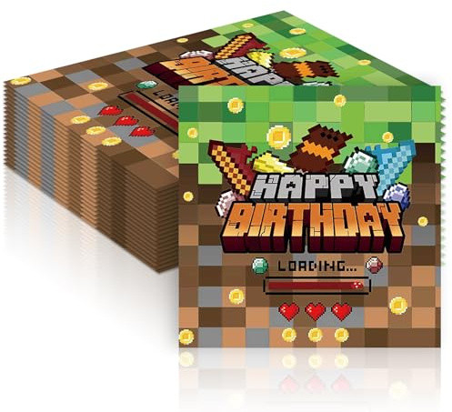 40 Stück Pixelmotiv Happy Birthday Servietten,Pixel Servietten Geburtstag Pixelmotiv Servietten Geburtstag,Videospiel Geburtstag Serviettens,Mine Gamer Serviettens,Seidenpapier für Party Deko