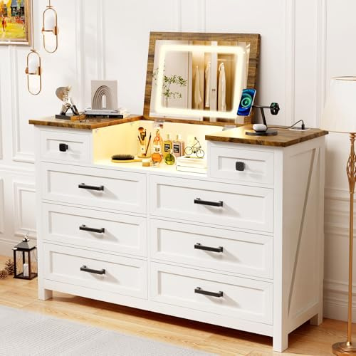 BROTTAR Chest of Drawers with LED Mirror, Bedroom Drawers with Charging Station and Intelligent Body Sensor, Dresser with 5 Drawers, Storage Organizer for Bedroom, White
