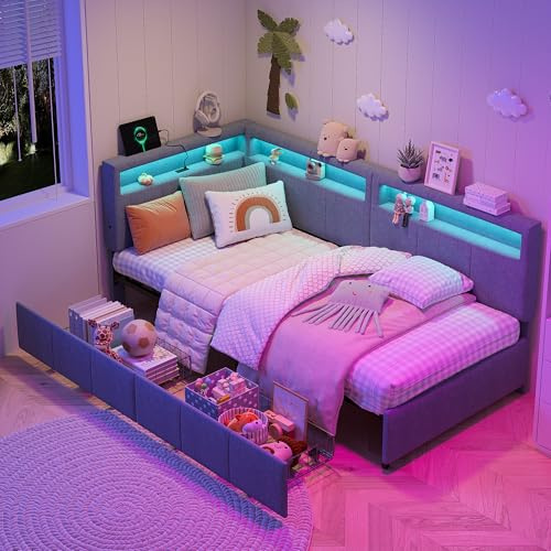 UwvEranthropy Eck-Polsterbett 90x200 cm mit LED-Beleuchtung & USB-C, L-Form Tagesbett mit 2 Schubladen & Stauraum-Regal, Funktionsbett mit Lattenrost, Grau Leinenstoff, Ohne Matratze