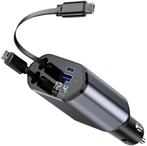 Retractable Car Charger,120W 4 IN 1 Super Fast Car Charger Adapter, Car Phone Charge with 2 Retractable Cable + USB/USB-C Ports and Voltage Display for i-Phone 16 15, i-Pad, Android etc