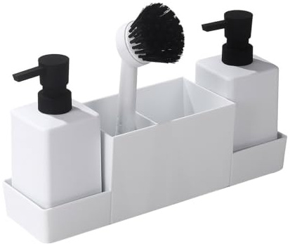 Glifora Plateau de rangement multifonction pour salle de bain - Avec 2 distributeurs de savon et brosse de nettoyage - Pour comptoir de cuisine, vaisselle, liquide vaisselle et porte-éponge